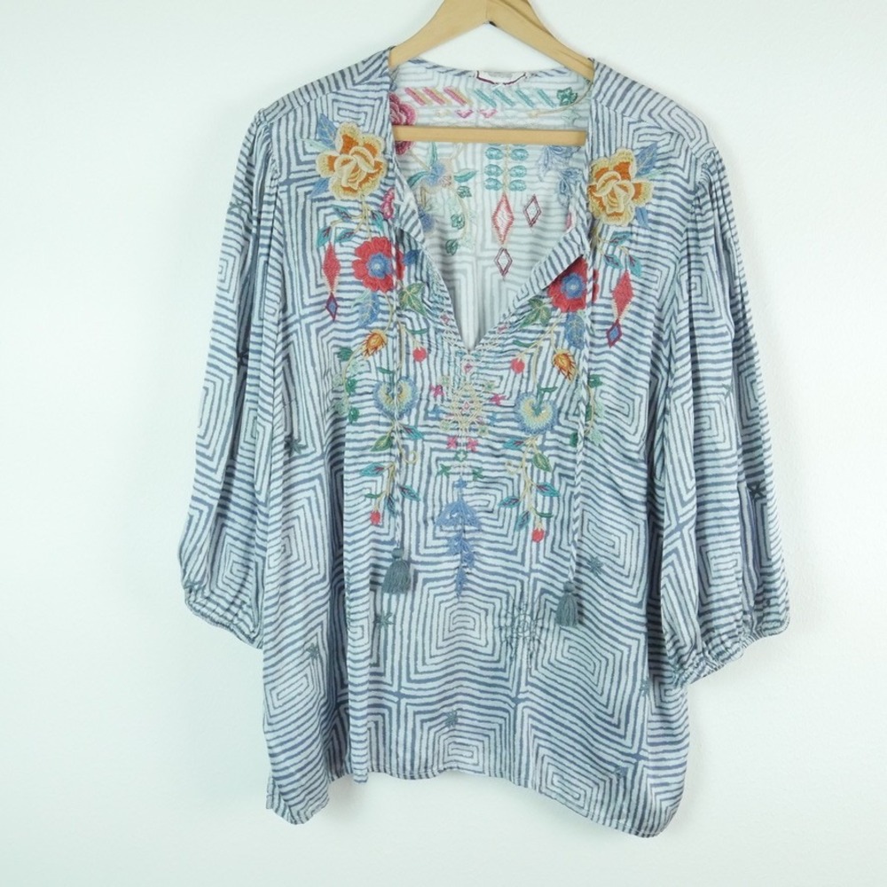 Johnny Was Workshop Floral Embroidered Boho Blouse Large Popover Tie Neck Tassel